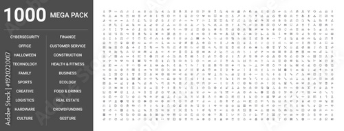 Set of 1000 thin line outline icons such as business, technology, finance, food, drinks, sports, construction, fitness, ecology, real estate, customer service, hardware, logistics, family, Halloween, 