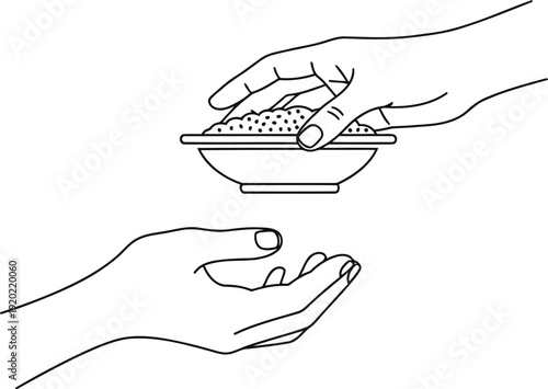 Two hands one giving rice to another open hand receiving