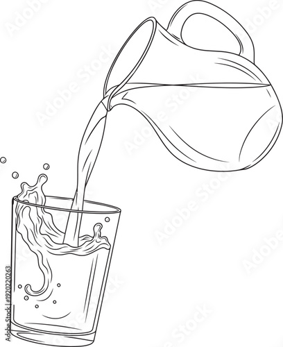 Water pouring from pitcher into glass creating splash and bubbles