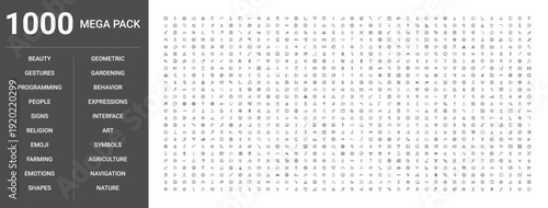 Set of 1000 thin line icons including interface, agriculture, nature, people, signs, shapes, emoji, beauty, religion, art, gardening, farming, navigation, emotions, behavior, programming symbols