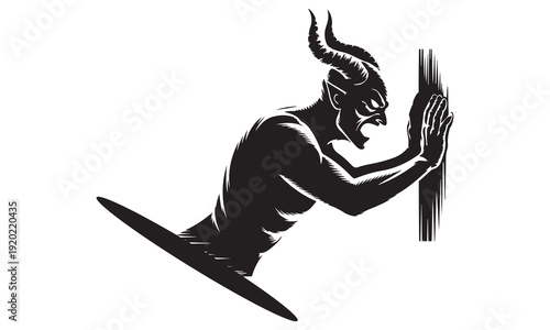 Silhouette of a devil figure with horns pushing against a vertical barrier, representing effort