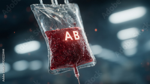 Lifeblood Reservoir: An illuminating glimpse into medical donation with a suspended bag of life-giving blood, labeled AB, signifies medical advancements and lifesaving potential.