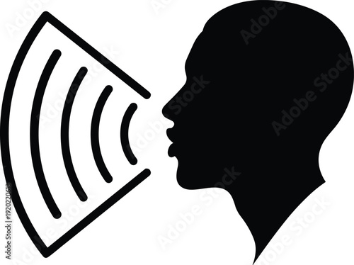 Voice recognition and speech command icon with human head profile and sound waves for digital assistance cad drawing flat vector illustration