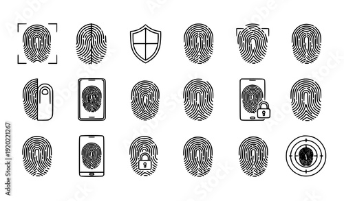 SEO Title:
Minimal fingerprint outline icons set with biometric security and digital touch id symbols