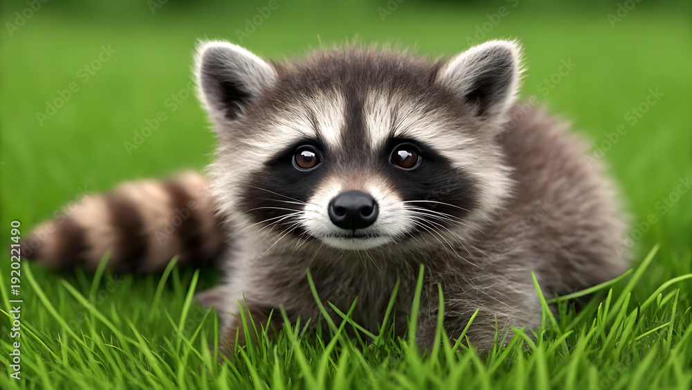 Obraz premium Cute Baby Raccoon Lying on Green Grass Close Up Portrait