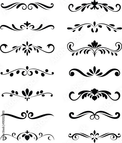 Vintage Floral Divider Set: Black Vector Filigree Ornaments and Page Flourishes