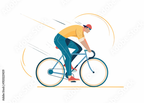 A cyclist in motion wearing a cap and riding a bicycle quickly