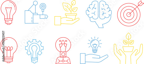 Set of colorful line art icons representing ideas, innovation, and growth concepts, including lightbulbs, brain, target, plant, and gears.