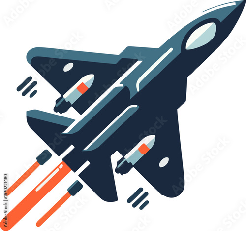 Futuristic Stealth Fighter Jet Launching Missiles with Afterburners — Flat Vector Illustration