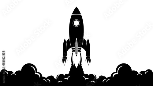 Silhouette of a rocket launching into space with smoke and fire.