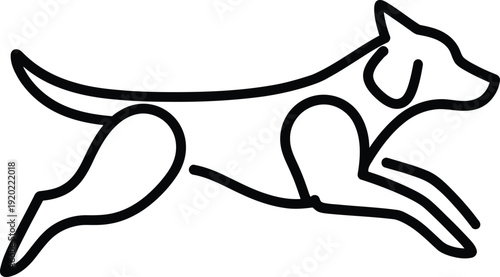 Simple black line drawing of a dog running in a dynamic pose on white background.