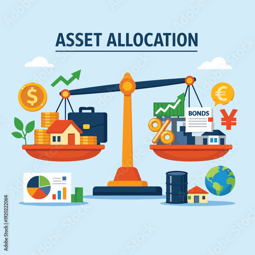 Asset allocation concept with scales and financial icons