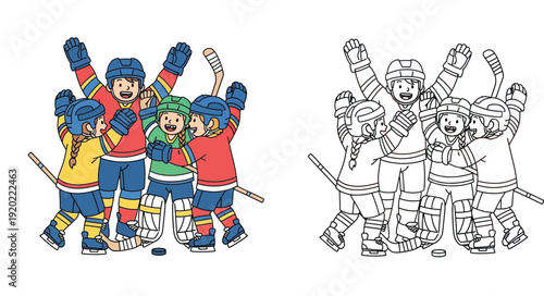 Happy children ice hockey team celebrating victory illustration. Kids sports team cheering together. Colored and outline coloring page version.
