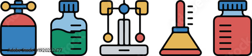 Scientific research icons featuring gas pressure tank chemical jar weighing scale and conical flask set design.
