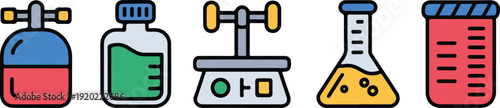 Scientific research icons featuring gas pressure tank chemical jar weighing scale and conical flask set design.