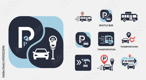 Set of parking and transportation icons representing various modes of transport and parking facilities