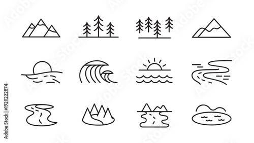 Minimalist natural landscape environment mountain river tree icon set variations