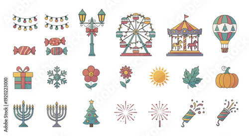 A vibrant collection of festive icons representing various holidays and celebrations worldwide
