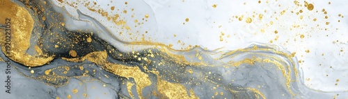 Flowing abstract design features luxurious gold accents against cool gray and white stone textures