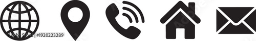 Black of globe, location pin, phone, house, and envelope on white background