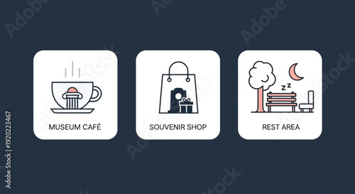 Icon set depicting museum cafe, souvenir shop, and rest area with simple line illustrations in a nighttime setting from a frontal viewpoint
