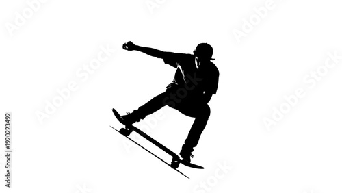 Silhouette of a skateboarder performing a trick against a white background.