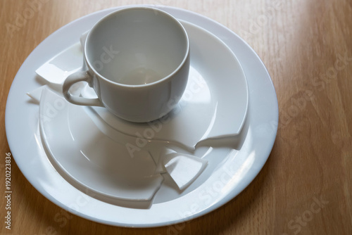 Broken dishware is placed on a wooden table after an accident causing the cup to shatter and pieces to scatter around it