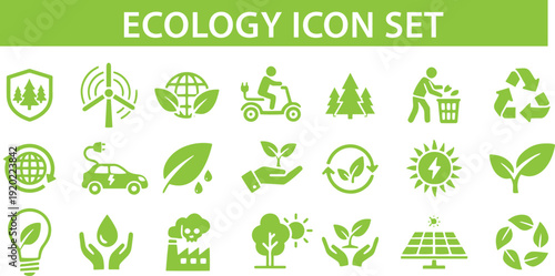 Ecology Icon Set – Solid Environment, Sustainability and Renewable Energy Vector Icons