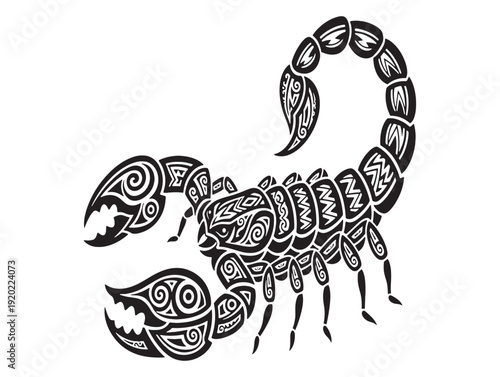 Intricately designed scorpion with tribal patterns and swirls on its body and tail