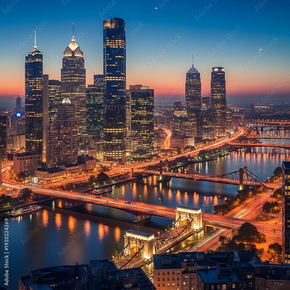 Fototapeta premium Illuminated urban skyline reflects brightly on a dark waterway during twilight hours