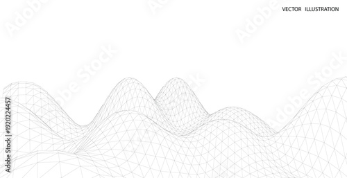 3D wireframe of contour swirl. Abstract wireframe background. Black and white wave.