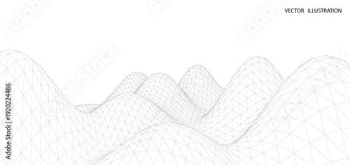 3D wireframe of contour swirl. Abstract wireframe background. Black and white wave.