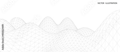 3D wireframe of contour swirl. Abstract wireframe background. Black and white wave.