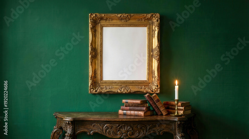 Blank ornate gold vintage frame mockup on dark emerald green wall
