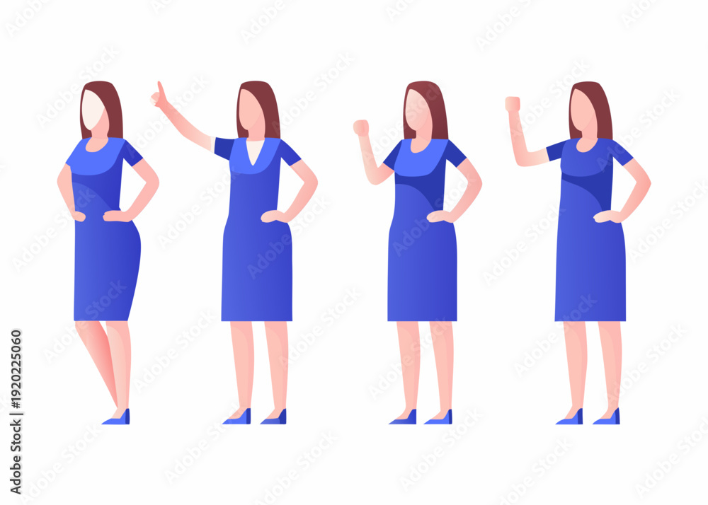 Fototapeta premium Four identical women in blue dresses shown in different poses