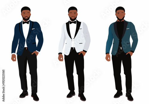 Three handsome men in formal attire showcasing different suit colors