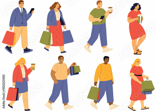Diverse group of people walking and shopping with bags