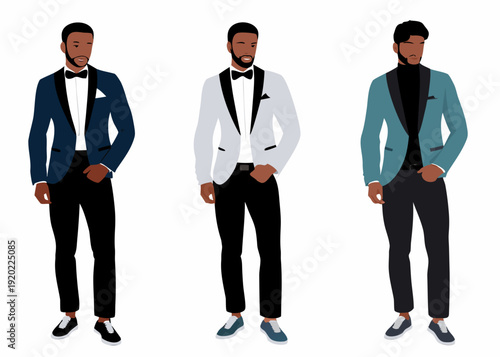 Three stylish men in formal wear posing against a white background