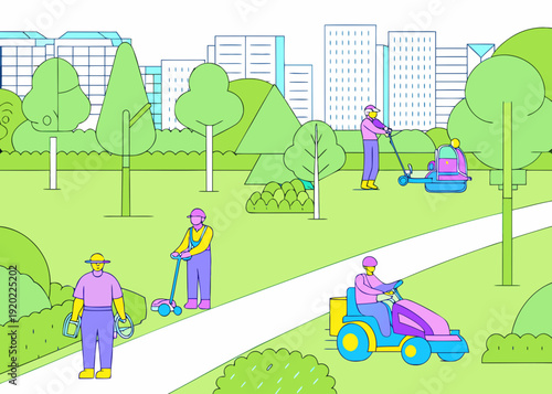 City park maintenance with workers using various gardening tools