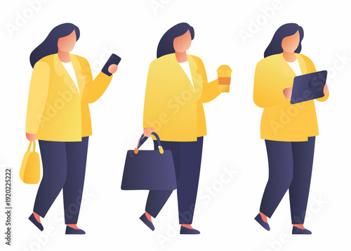 Three women walking each engaged in different activities with belongings