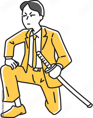 刀を携えて構える男性社員