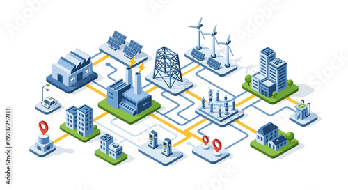 Isometric illustration of sustainable energy infrastructure and power grid system.