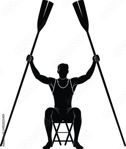 Black silhouette of a male rower athlete sitting on a stool holding two long oars oars upward flat vector illustration.
