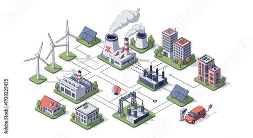 Isometric illustration of industrial complex with renewable energy sources.
