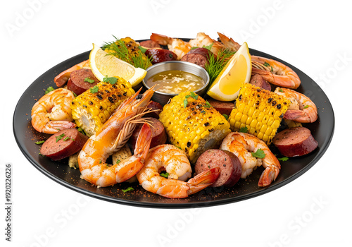 A plate of seafood with shrimp, corn, and sausage isolated on transparent background