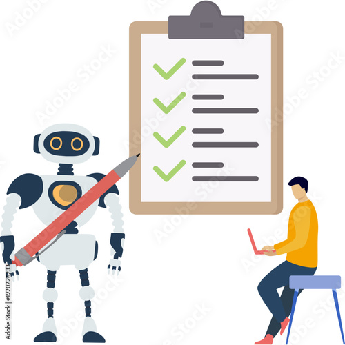 AI Robot Automation Illustration for Business Checklist and Digital Performance Data Analysis