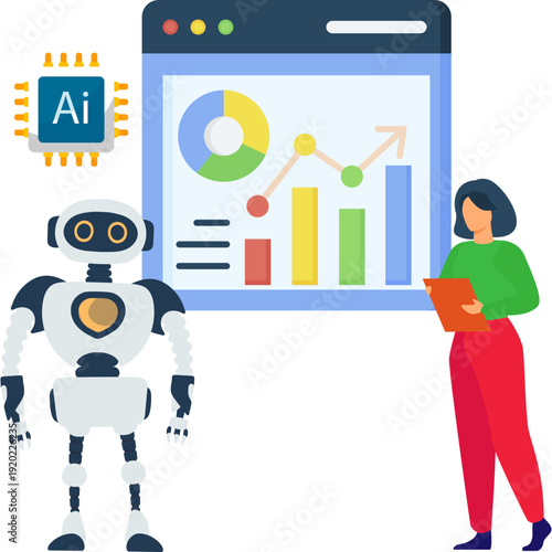 AI Robot Analyzing Business Data Dashboard Illustration with Financial Growth Charts