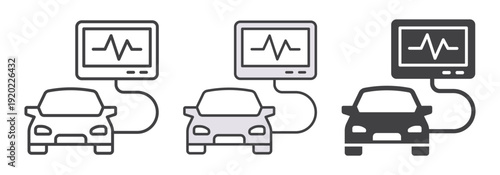 Car connected to monitor with heartbeat signal icon. Representing vehicle health check and service inspection.