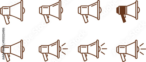 Nine brown megaphones with sound waves announcement