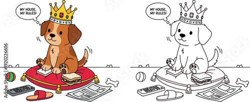 Adorable King Puppy on Pillow with My House My Rules Thought Bubble Cute Cartoon Illustration for Pet Owners